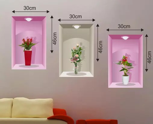 Sticker Hub 3 Pieces 3D Beautiful Decal Flower Pot Design