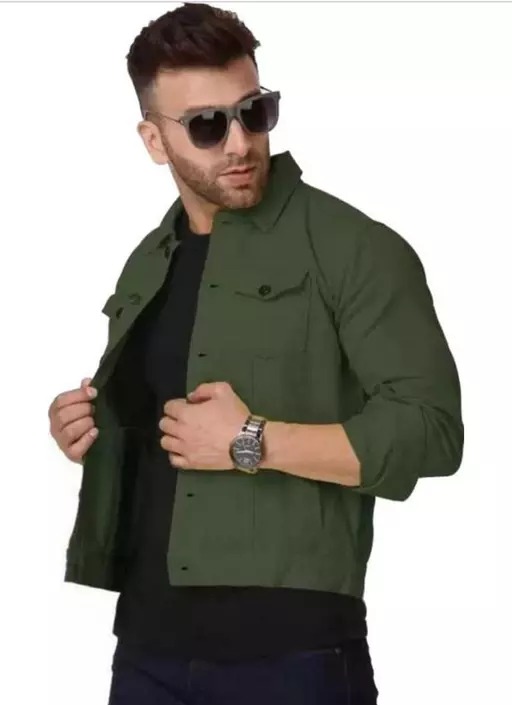 BUCCLY Men's Solid Flap Collar Olive Jackets