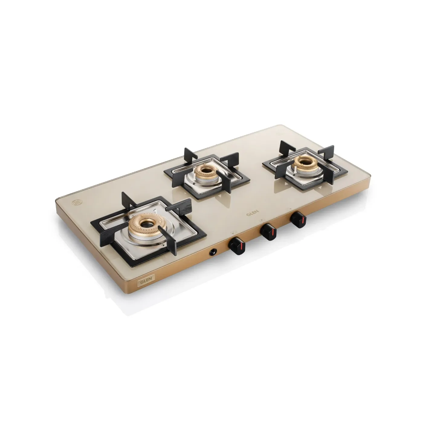 Glen 3 Burner Ultra Slim Apricot Glass Gas Stove with High Flame Forged Brass Burner - Manual / Auto Ignition (1035 US)