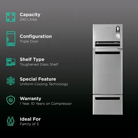 Whirlpool FP 263D Protton Roy 240 Litres Frost Free Triple Door Refrigerator with 6th Sense ActiveFresh Technology (20807, Alpha Steel) - 240