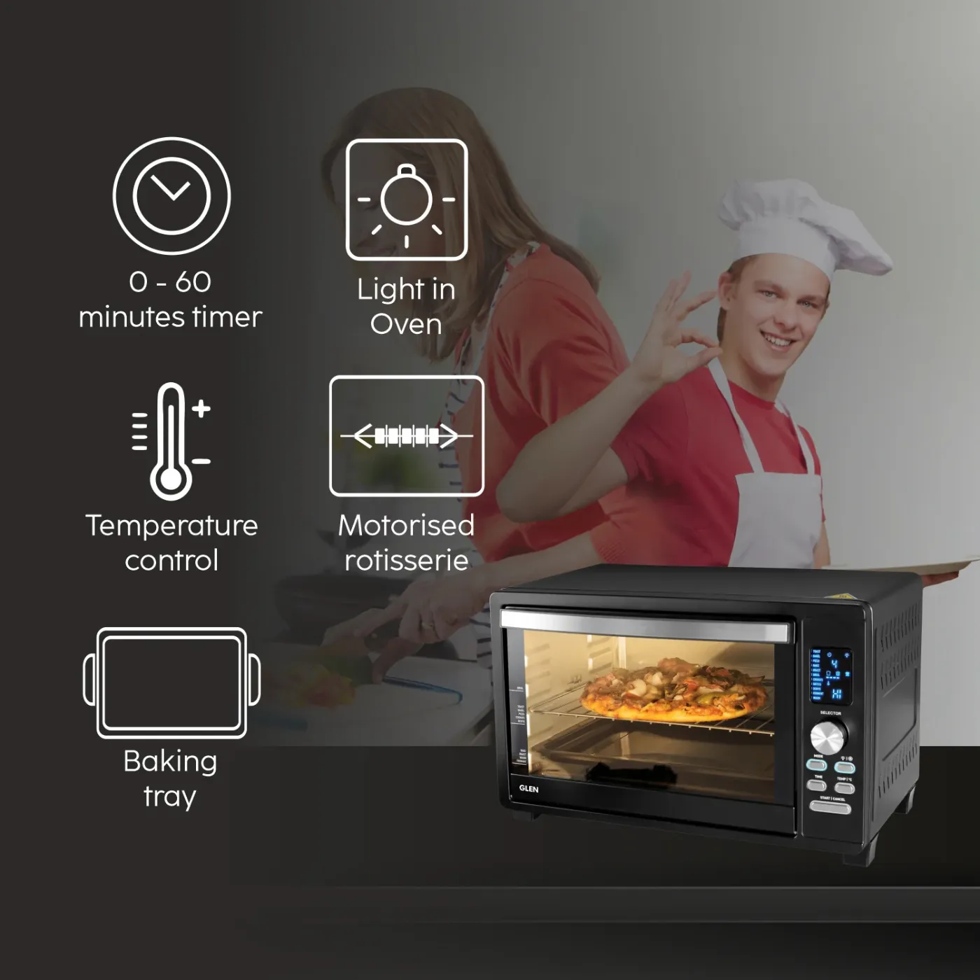 Glen Digital Oven Toaster Griller (OTG) -33 Litres with Convection, Motorized Rotisserie, 1500W - Black (5033DIGI)