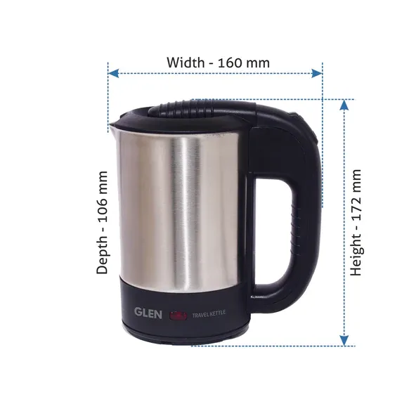 GLEN Electric Travel Kettle 0.5 Litre Stainless Steel 2 Plastic cups, Auto Shut-off 1000 W -Silver and Black (9013)