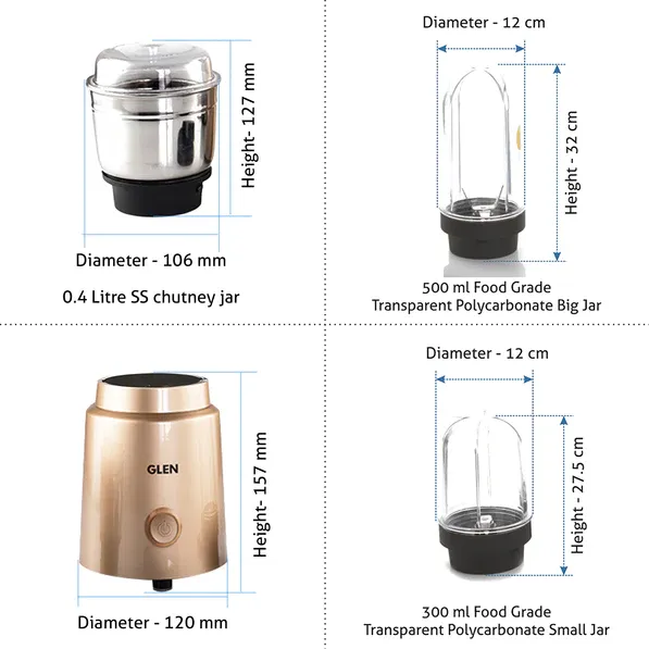 GLEN Active-Blender Grinder, 350W, 20000 RPM Mixer, Grinder, Blender, 1 SS Grinder Jar, 2 Jars - Gold (4048 BG CG)