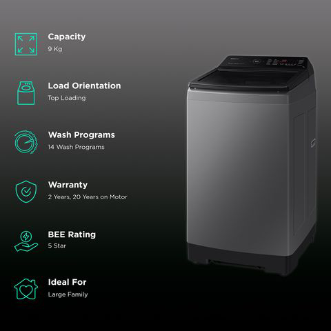 Samsung SAMSUNG 9 Kg 5 Star Inverter Fully Automatic Top Load Washing Machine (WA90BG4542BD/TL, Diamond Drum, Dark Grey) - 9 KG