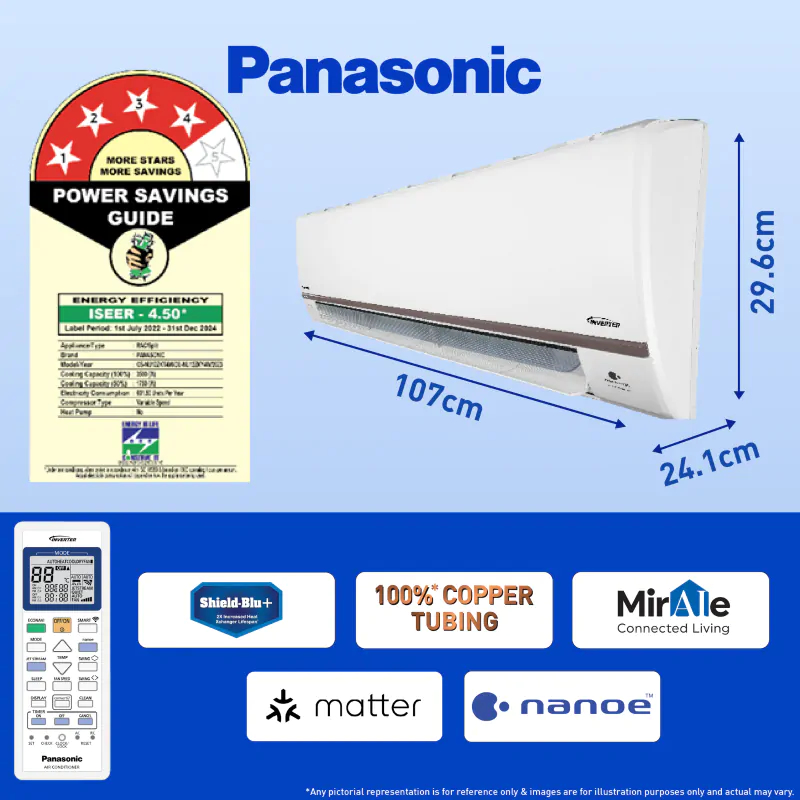 Panasonic  1.5 Ton 5 Star Wi-Fi Inverter Smart Split AC (7 in 1 Convertible with True AI Mode, 4 Way Swing, Active Air Purification by nanoeX/nanoe-G and real time AQI monitoring, Matter Certified, 2024 Model, White)