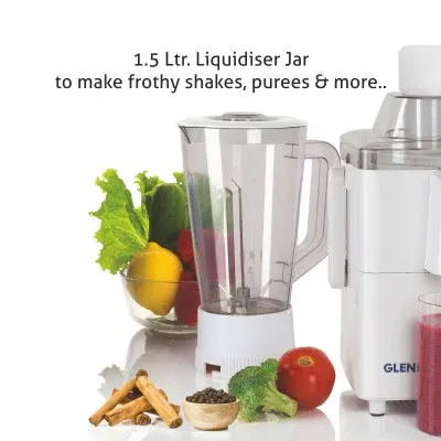 Glen 3-in-1 Juicer Mixer Grinder 500W with 1 Transparent Liquidiser, 1 Stainless Steel Grinder Jars - White (4010)