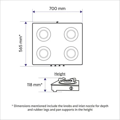 GLEN 4 Burner Gas Stove Mirror Finish Forged Brass Burner Auto Ignition (1048 GT FBM BL AI) + Auto Clean Chimney with Motion Sensor 90cm 1200m3/h (CH6073SXAC90)