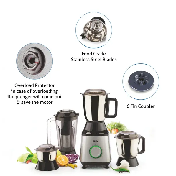 GLEN Glen Mixer Grinder 750W 100% Copper Motor, 1 Transparent Jar, 3 Stainless Steel Jars, - Silver (4030 PLUS)