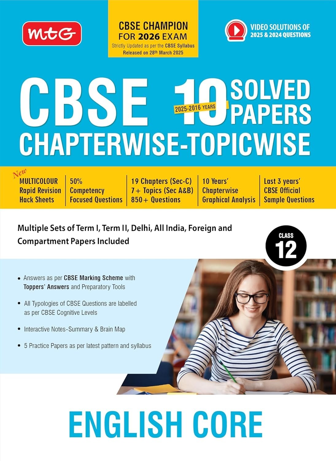 MTG ENGLISH CORE - (2025 - 2016) PYQs Chapterwise Topicwise Solved Papers | Free Video Solution of PYQs | CBSE Sample Papers (As Per Latest Pattern) - Class 12 [For 2026 Exams]