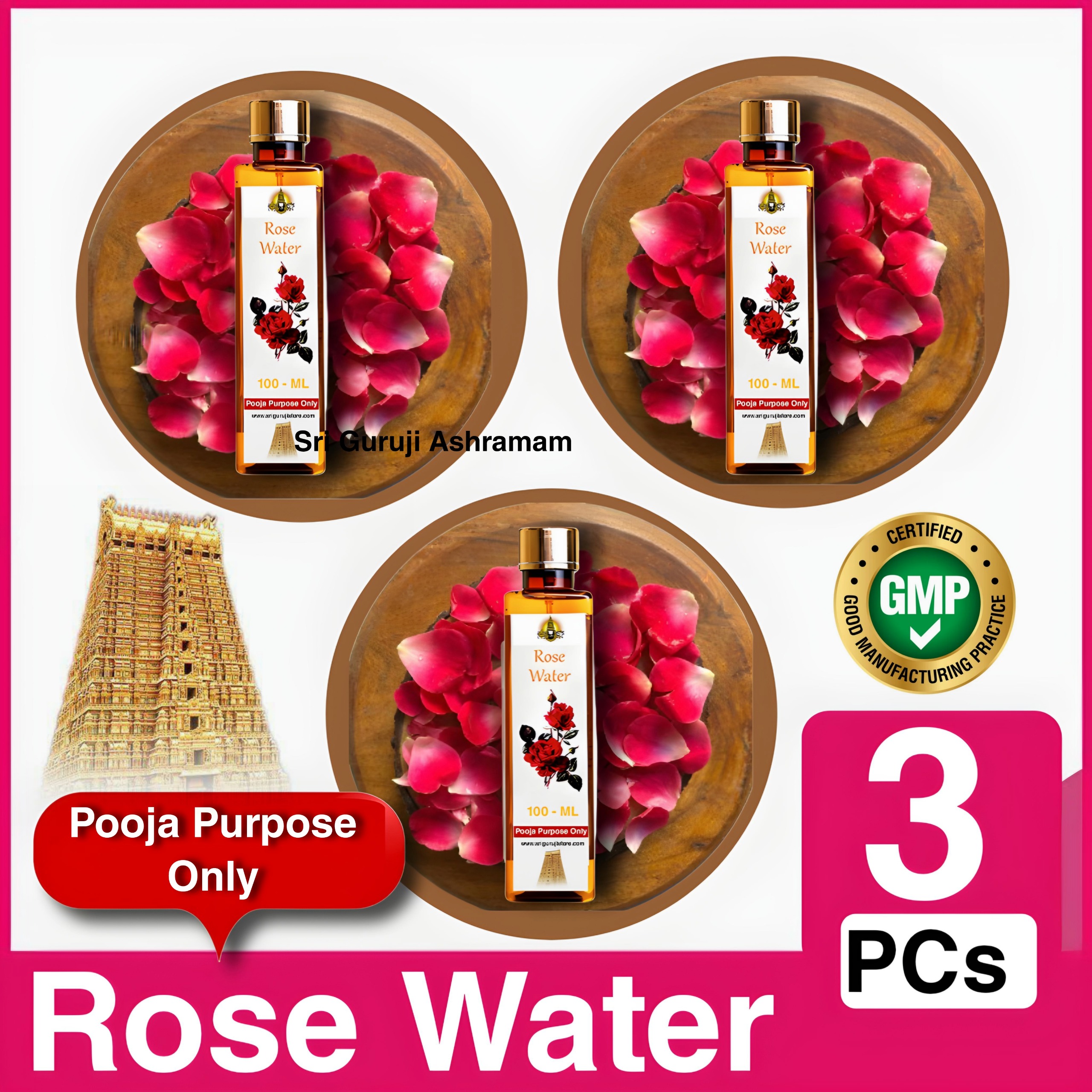 ROSE WATER FOR POOJA PURPOSE ONLY  - 3 Bottle - 300 ml