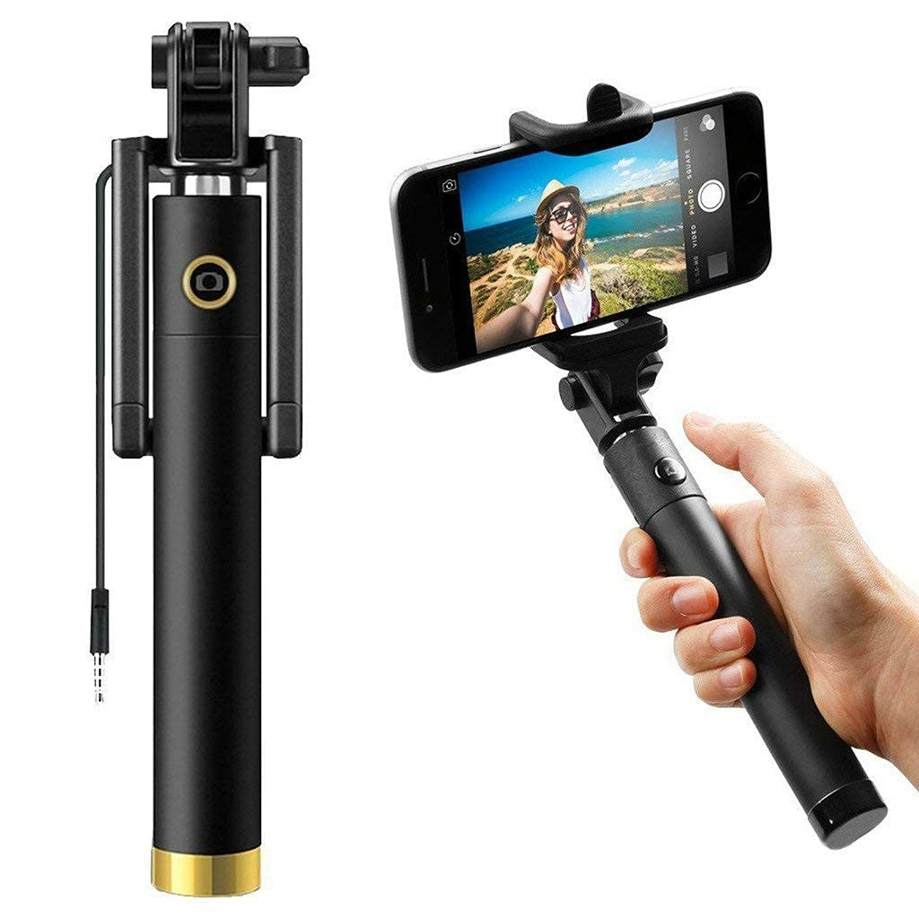 Selfie Stick for Mobile Phone for clicking Photos & Making Video with Attached AUX Cable | for iPhone and Android Mobile Phones - Multicolor - Black, Selfie Stick, Pack Of 1