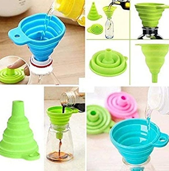 Silicone Funnel | for Liquid, Oil, Sauce, Water, Juice, Small Food-Grains | 9 cm, Assorted Color - Funnel, Pack Of 1