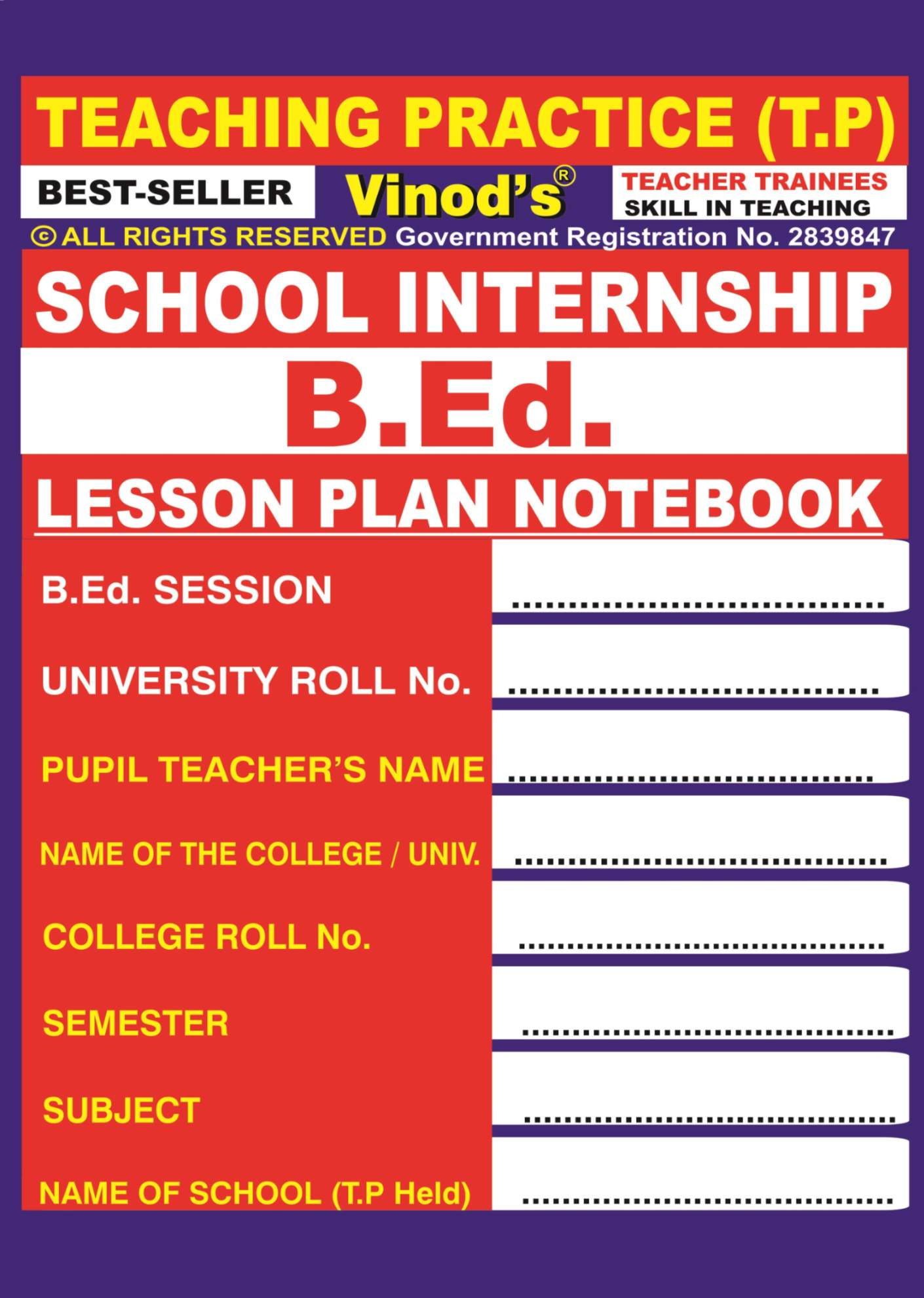 Vinod 304 Lesson Plan Notebook (School Internship) B.Ed. Textbook ; KASHMIR UNIVERSITY ; Vinod Publications ; CALL 9218219218