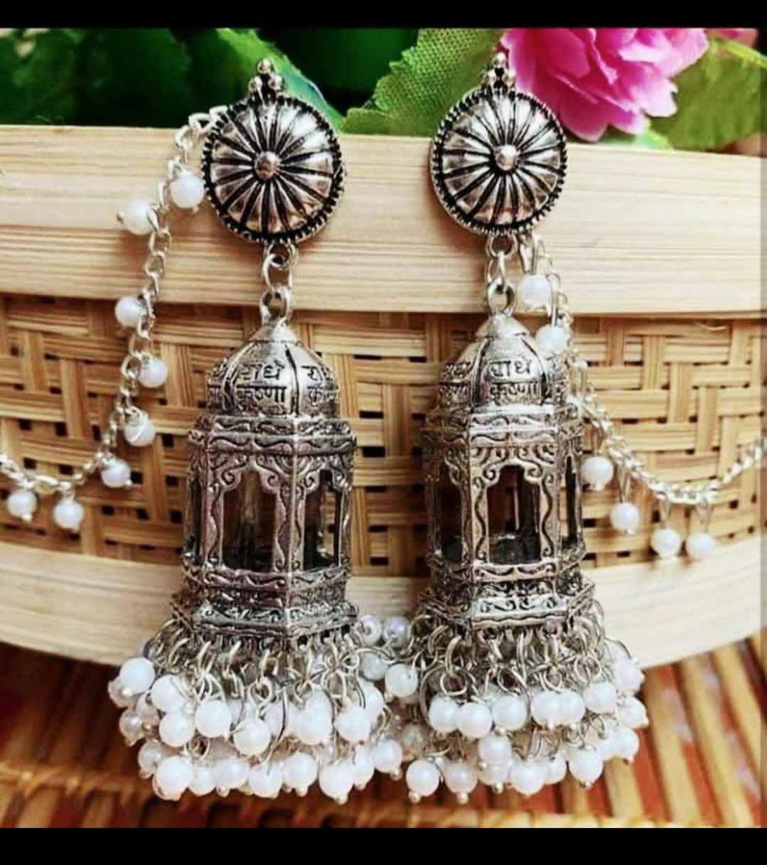 Silver Oxidized Bahubali earrings With Mirror Studded Floral Pattern Ring - Alto, Adjustable Ring, Get A Luxury Scrunchie As Gift!