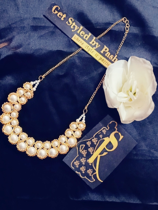 White Pearls Gold Chain Embedded Necklace - Get Free Luxury Scrunchie Gift!, White, Standard Statement Necklace