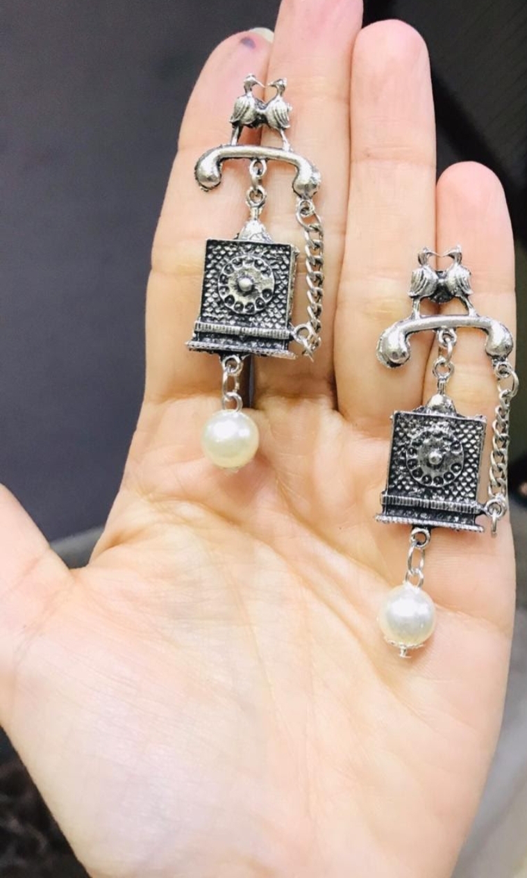 Vintage Telephone Pearl Danglers With Silver Oxidized Mirror Studded Ring - Gray, Adjustable Ring, Get Free Luxury Scrunchie Gift!