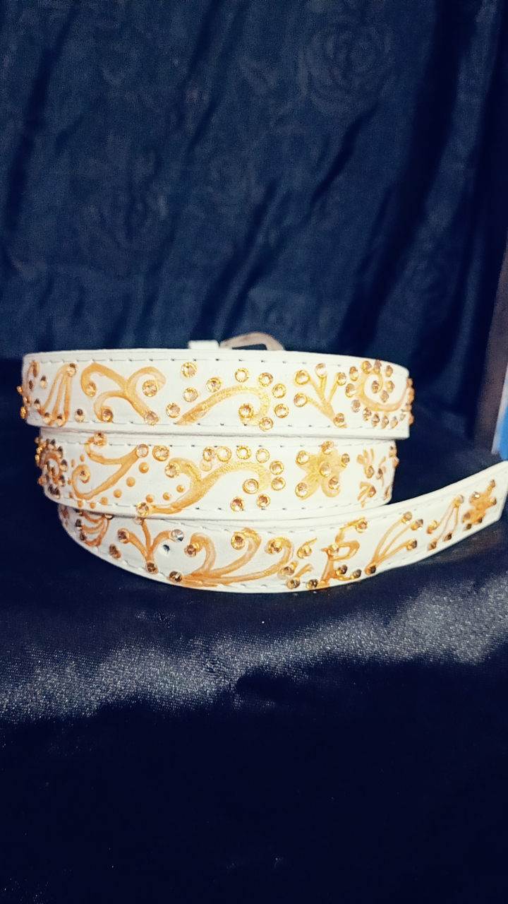 White Gold Liquid Embroidered Antique luxury slim Belt  - White, Get Free Luxury Scrunchie Gift!, waist - 38"- 40" width-  "0.75"