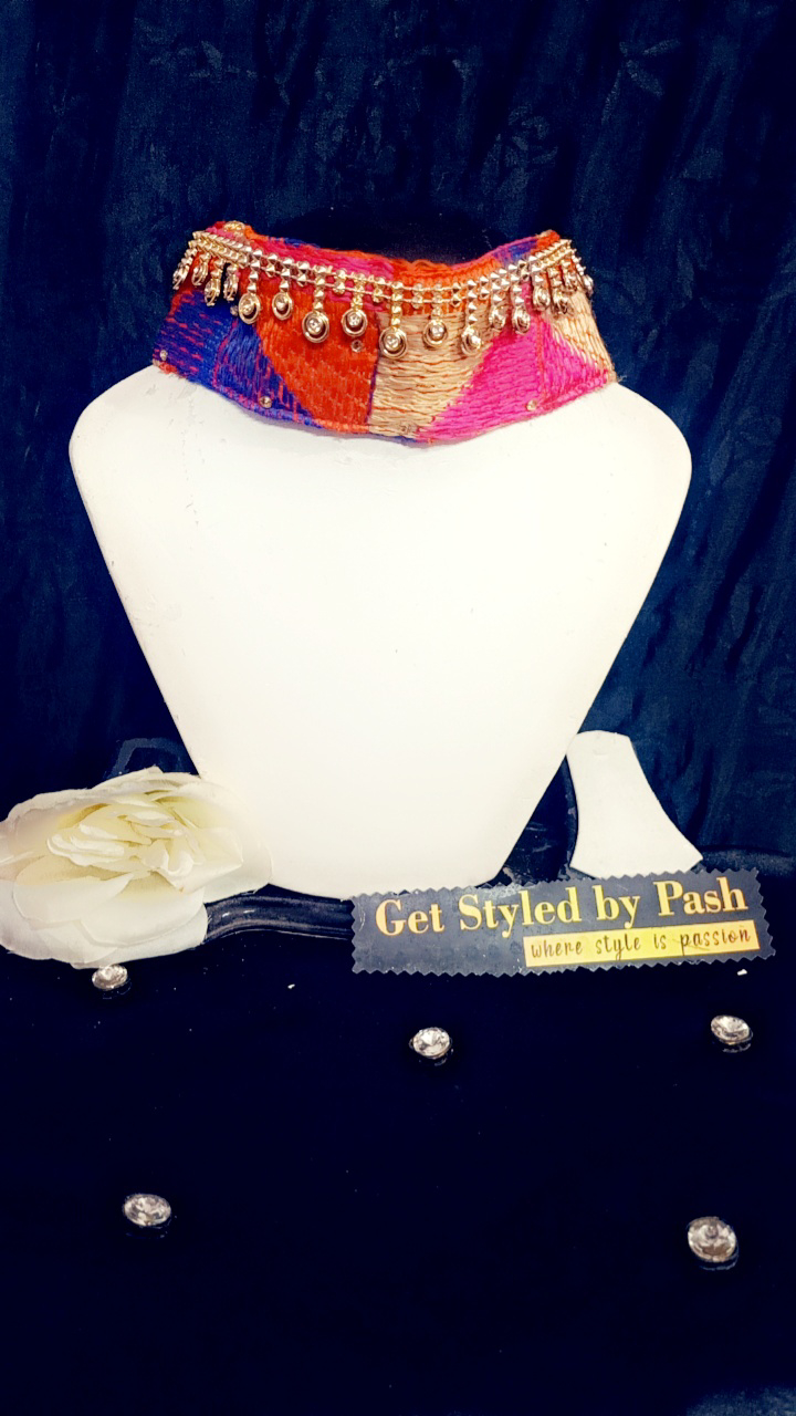 Phulkari Gold Chain embellished Fashion Luxury Collar - No Wash N Dry Clean, Red, Get Luxury Scrunchie Free!