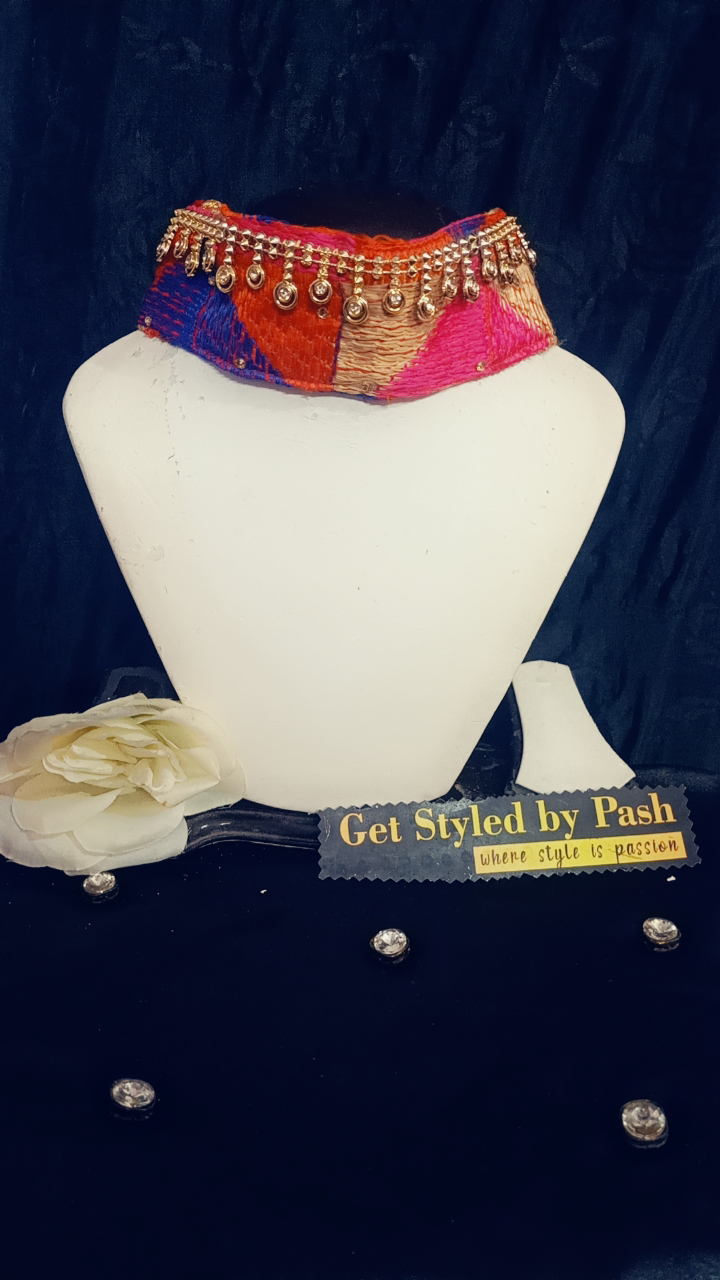 Phulkari Gold Chain embellished Fashion Luxury Collar - No Wash N Dry Clean, Red, Get Luxury Scrunchie Free!