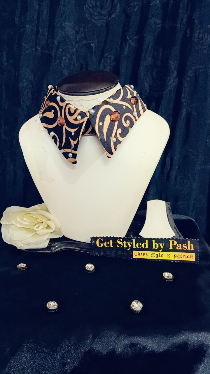 Black satin printed pearls and stones embellished Fashion Luxury Collar - No Wash N Dry Clean, Black, Get Luxury Scrunchie Gift Free!