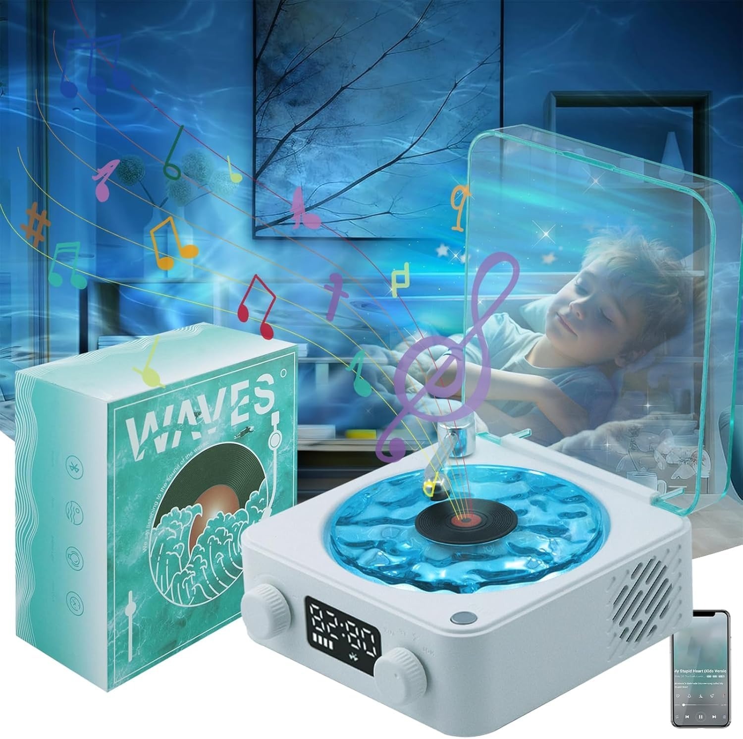 Retro-Style Wireless Waves Bluetooth Speaker, Aqua Vinyl Speaker, The Waves Vinyl Player with Ambience Light and Clock for Bedroom, Office, Party