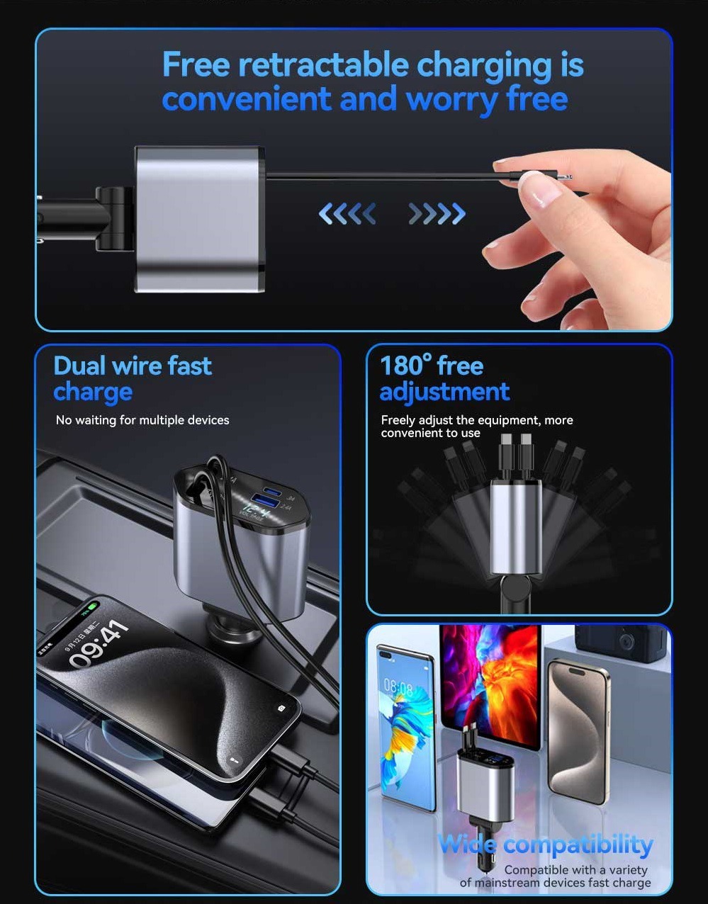 4in1 Retractable Super Fast Car Charger with Dual USB Ports for Type