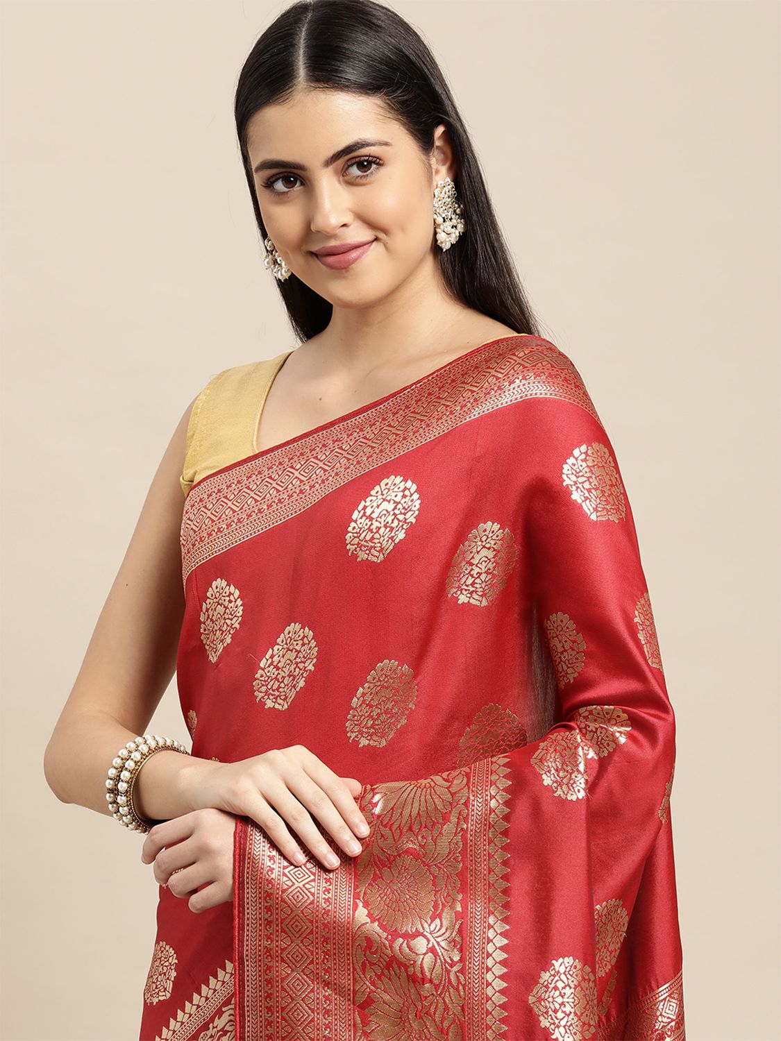Leeza Store Banarasi Silk Blend Woven Golden Zari Butta Saree With Blouse Piece - Red