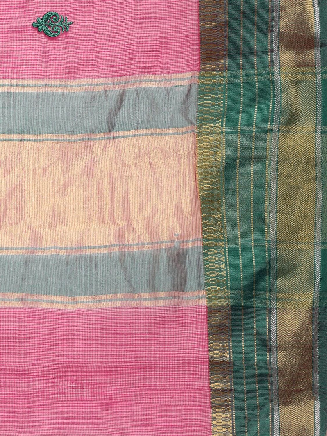 Leeza Store Cotton Blend Embroidered Ethnic motifs Golden Zari Border Kota Doria Saree With Blouse Piece - Pink