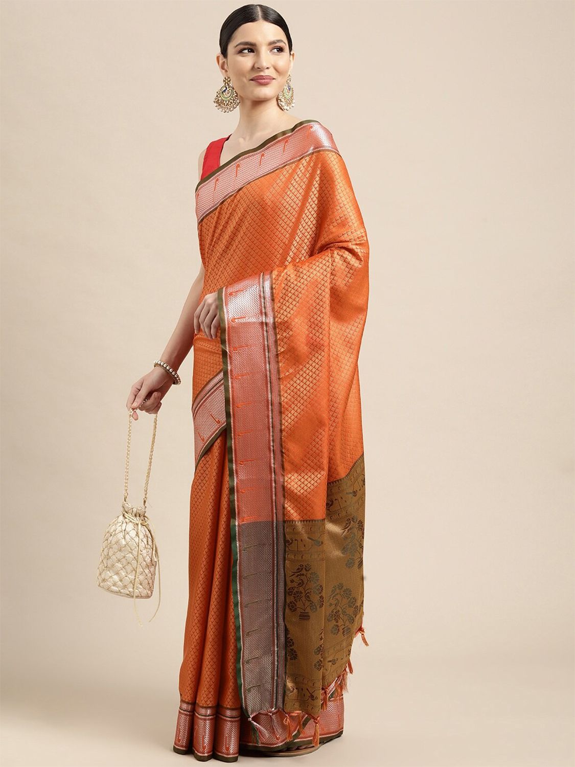 Leeza Store Cotton Blend Golden Zari Ethnic Motifs & Silver Zari Border Saree With Blouse Piece - Orange