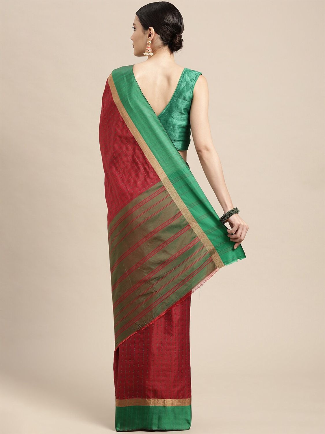 Leeza Store Cotton Silk Blend Woven Striped Self Design Golden Zari Border Saree With Blouse Piece - Maroon