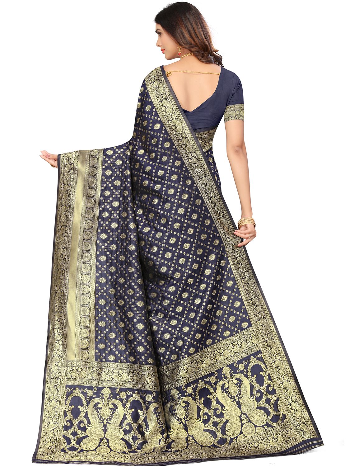 Leeza Store Kota Lichi Golden Zari Ethnic Motif Banarasi Contemporary Woven Design Saree With Running Blouse Piece - Navy Blue