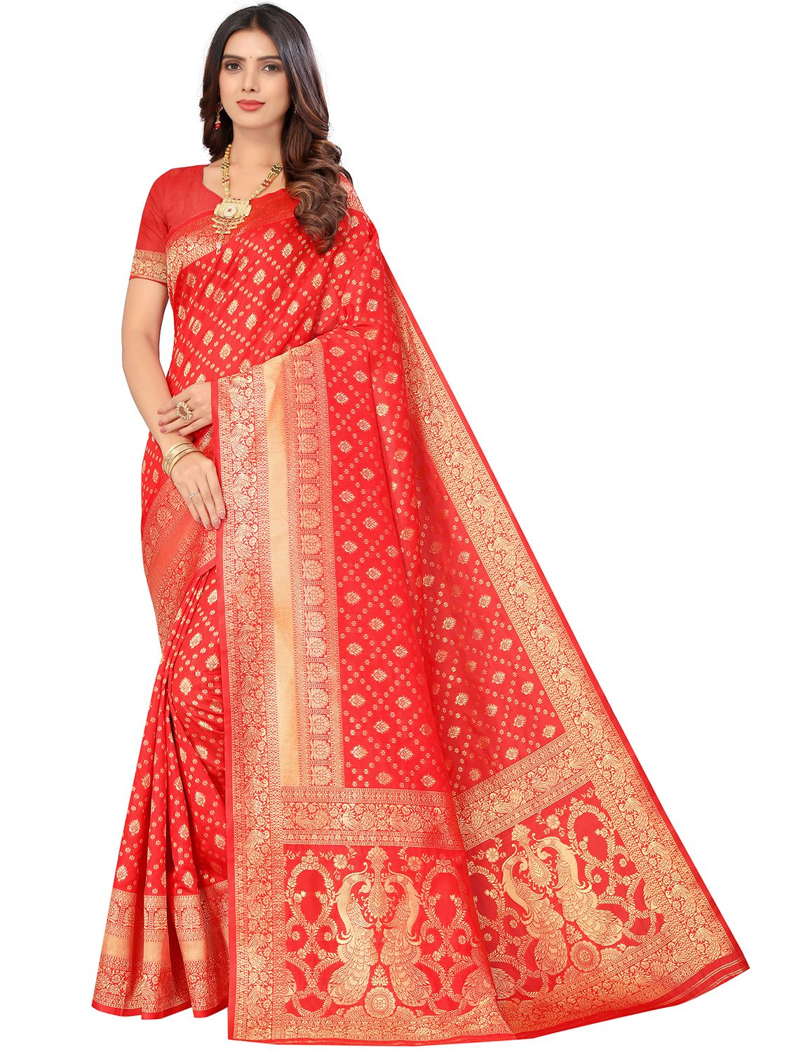 Leeza Store Kota Lichi Golden Zari Ethnic Motif Banarasi Contemporary Woven Design Saree With Running Blouse Piece - Red