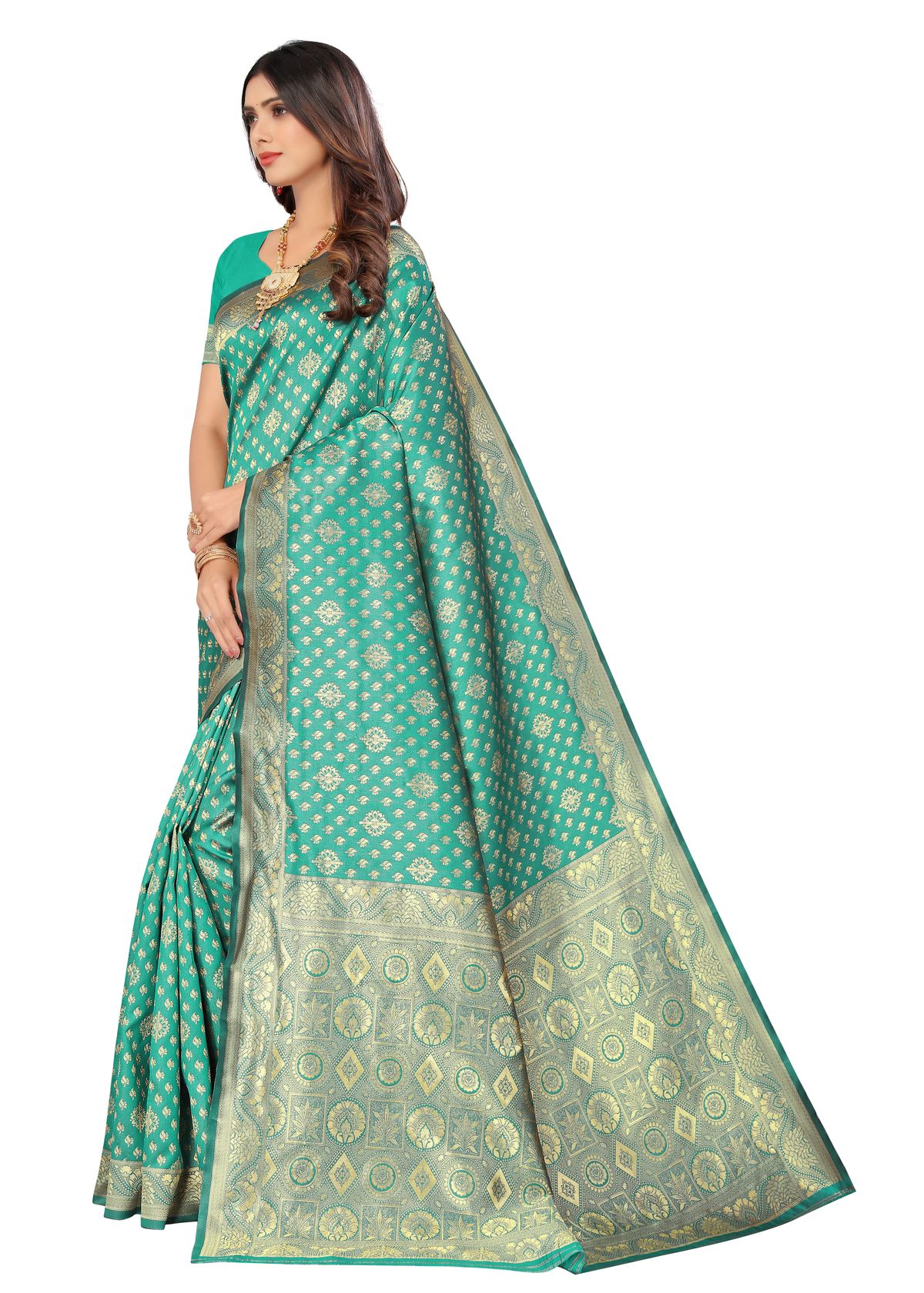 Leeza Store Kota Lichi Golden Zari Ethnic Motif Banarasi Contemporary Woven Design Saree With Running Blouse Piece - Green