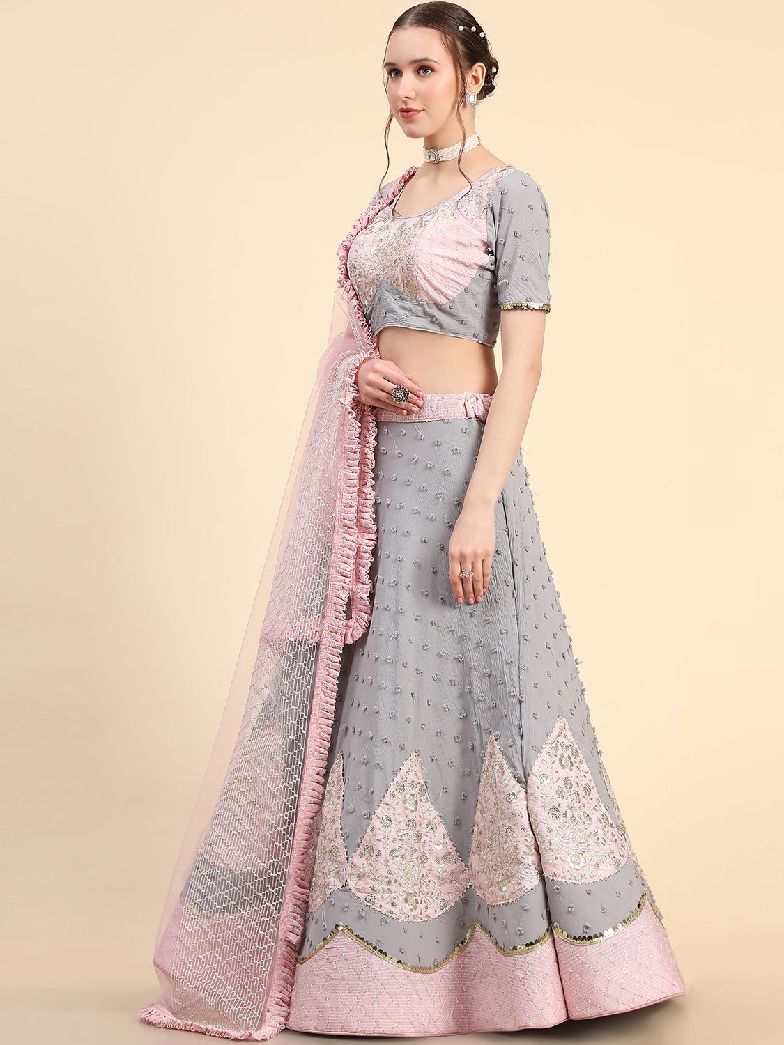 Leeza Store Women's Bollywood Style Silk Blend Bandhani Printed Zari And Sequins Embroidery Work Lehenga Choli With Dupatta - LZLHGBDN1-BLUE - Blue, 1.5