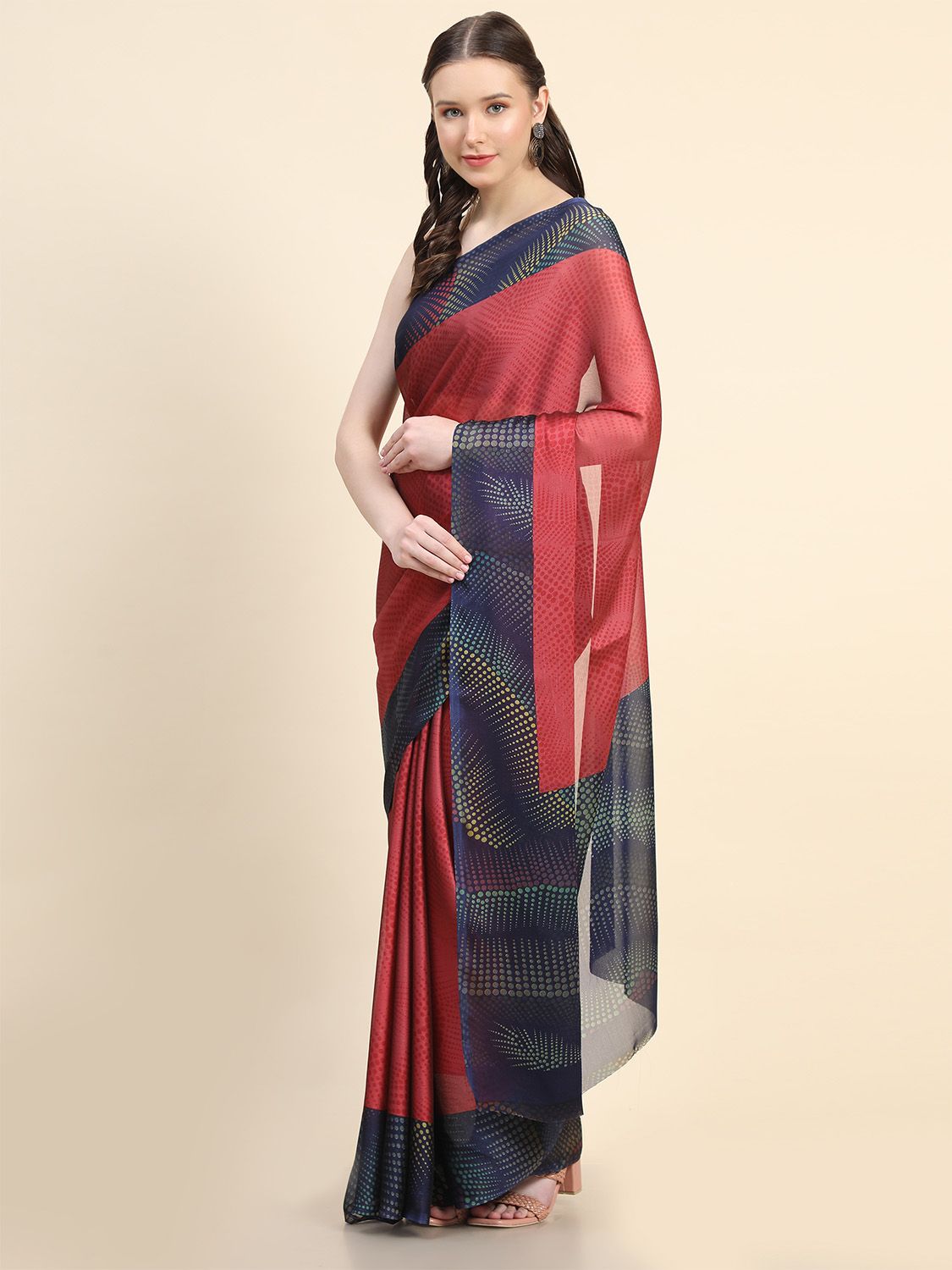 Leeza Store Women's Red Chiffon Brasso Fancy Abstract Printed Trendy Saree With Running Blouse Piece - LZPKSBOB-Red - Red