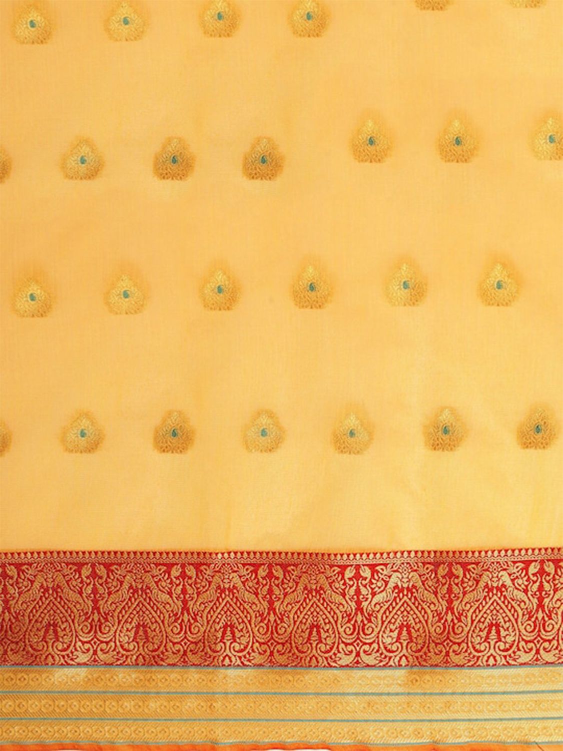 Leeza Store Women's Yellow Jacquard Cotton Blend Golden Zari Butta Butti Woven Maheshwari Saree With Blouse Piece - Yellow