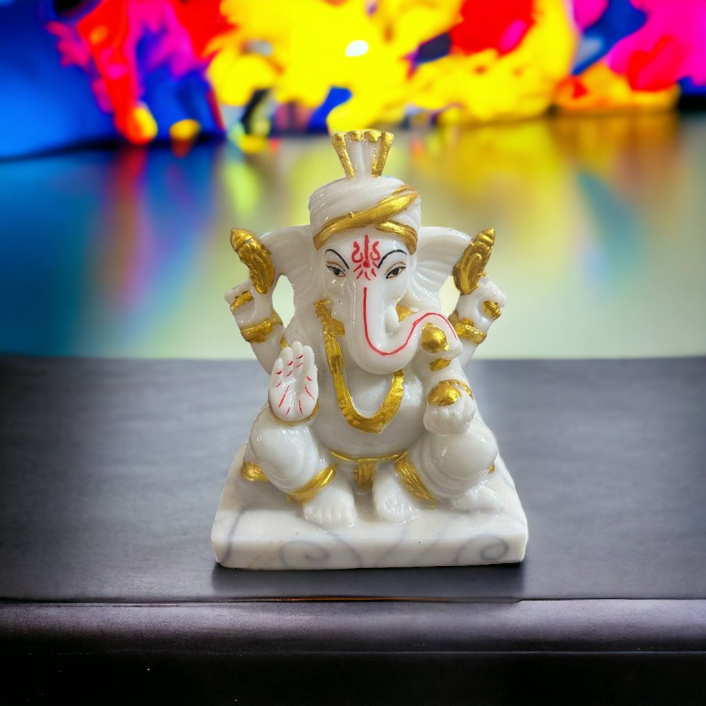 White  Marble Look Pagdi Ganesha Idol 5 Inch