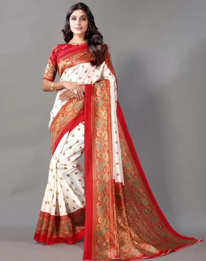 Printed,, Cotton Silk Saree  (Red, White) 