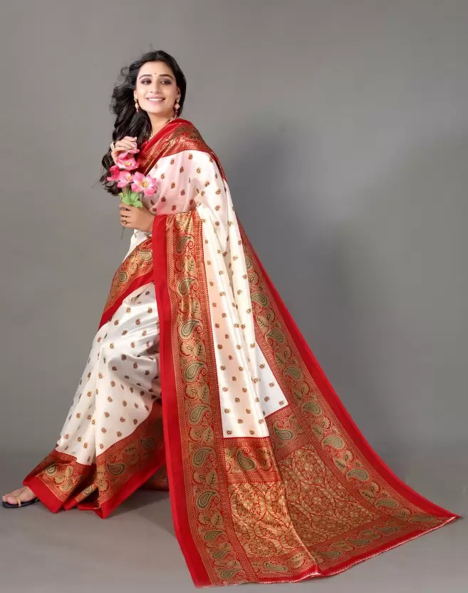 Printed,, Cotton Silk Saree  (Red, White) 