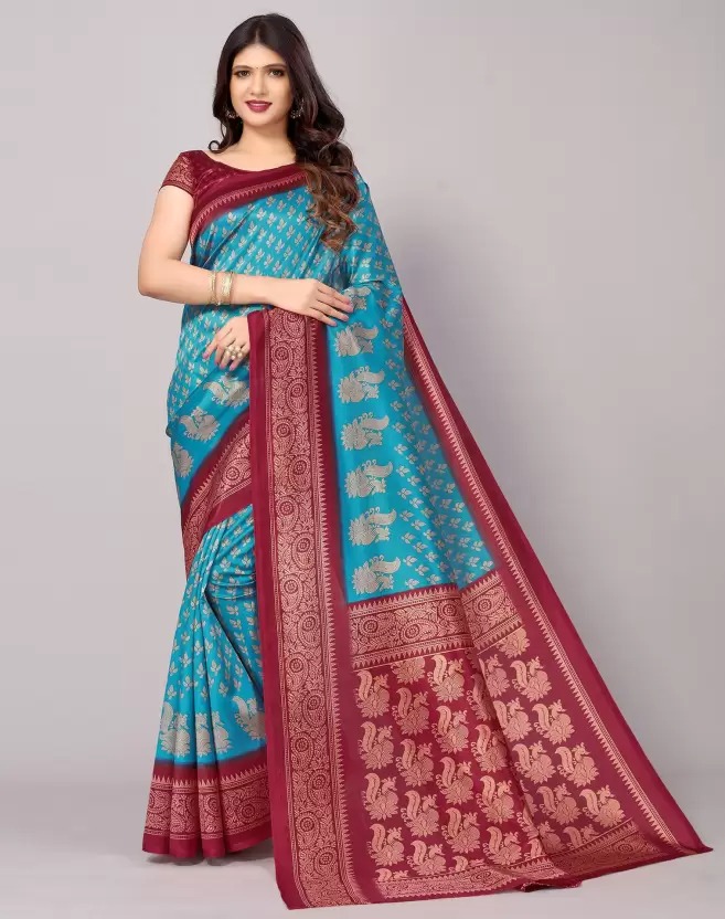 Printed,, Cotton Silk Saree  (Red, White) 