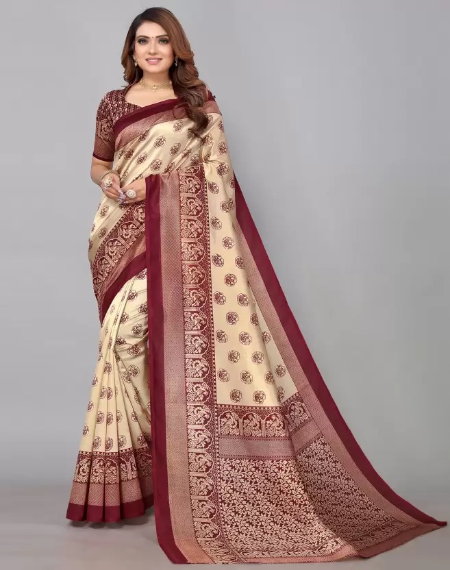 Printed,, Cotton Silk Saree  (Red, White) 