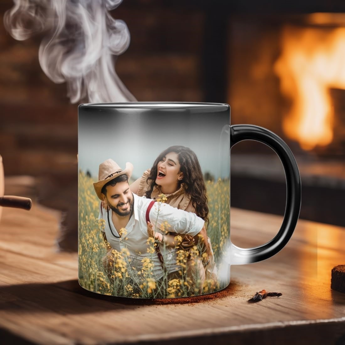 india marketto Magic Mug Custom Your Photo, Name, Logo, Or Add Text Personalised Ceramic Magic Mug for Wife Husband Wedding, Birthday, Anniversary Gift Etc - 500, Black