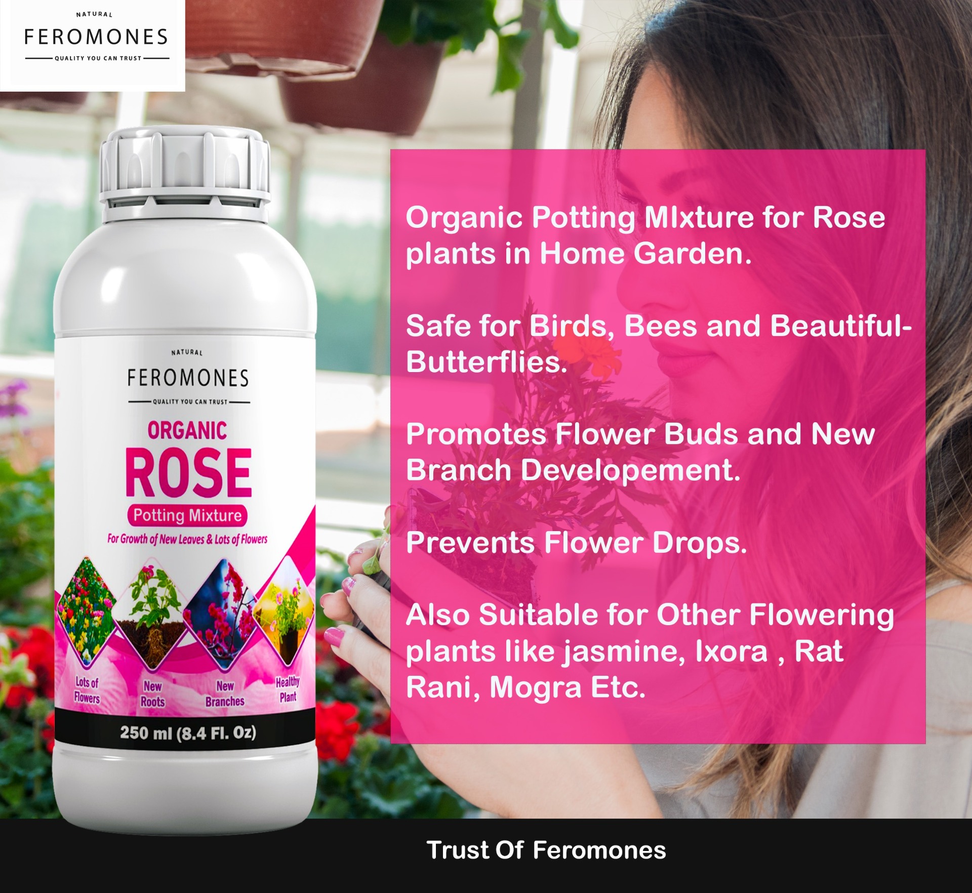 Feromones Organic Rose Super Plant Food - For Rose Plants Growth and Flowering Fertilizer, Potting Mixture - 250 ML