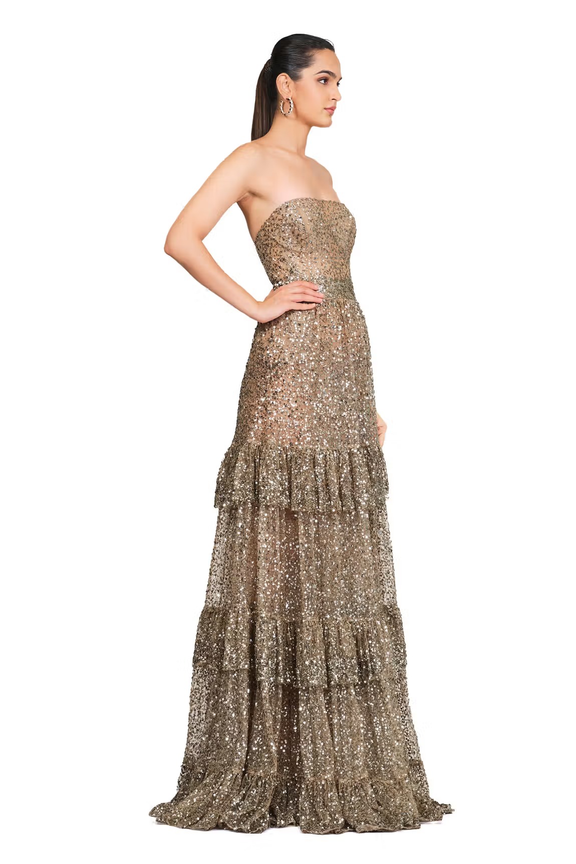 Silver Net Sequin Embroidered Frill Gown - S