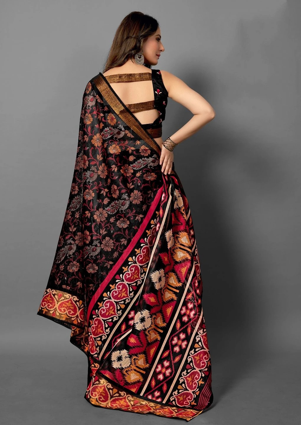 Premium Tanza Cotton Printed Saree With Blouse - Black - 6.3 mtrs w/blouse