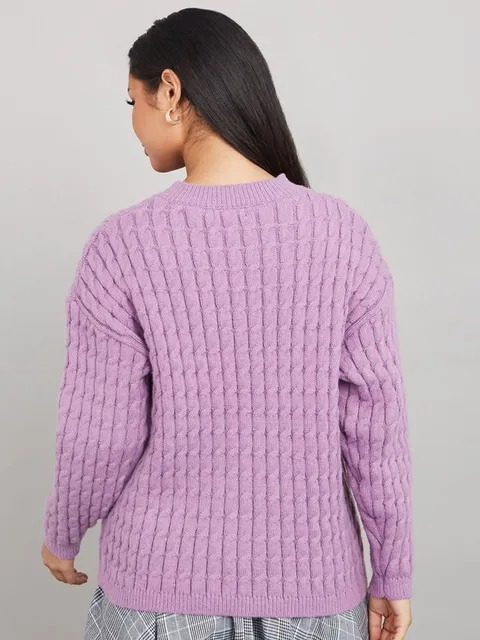 Purple Cable Knit Regular Length Regular Fit Sweater - l