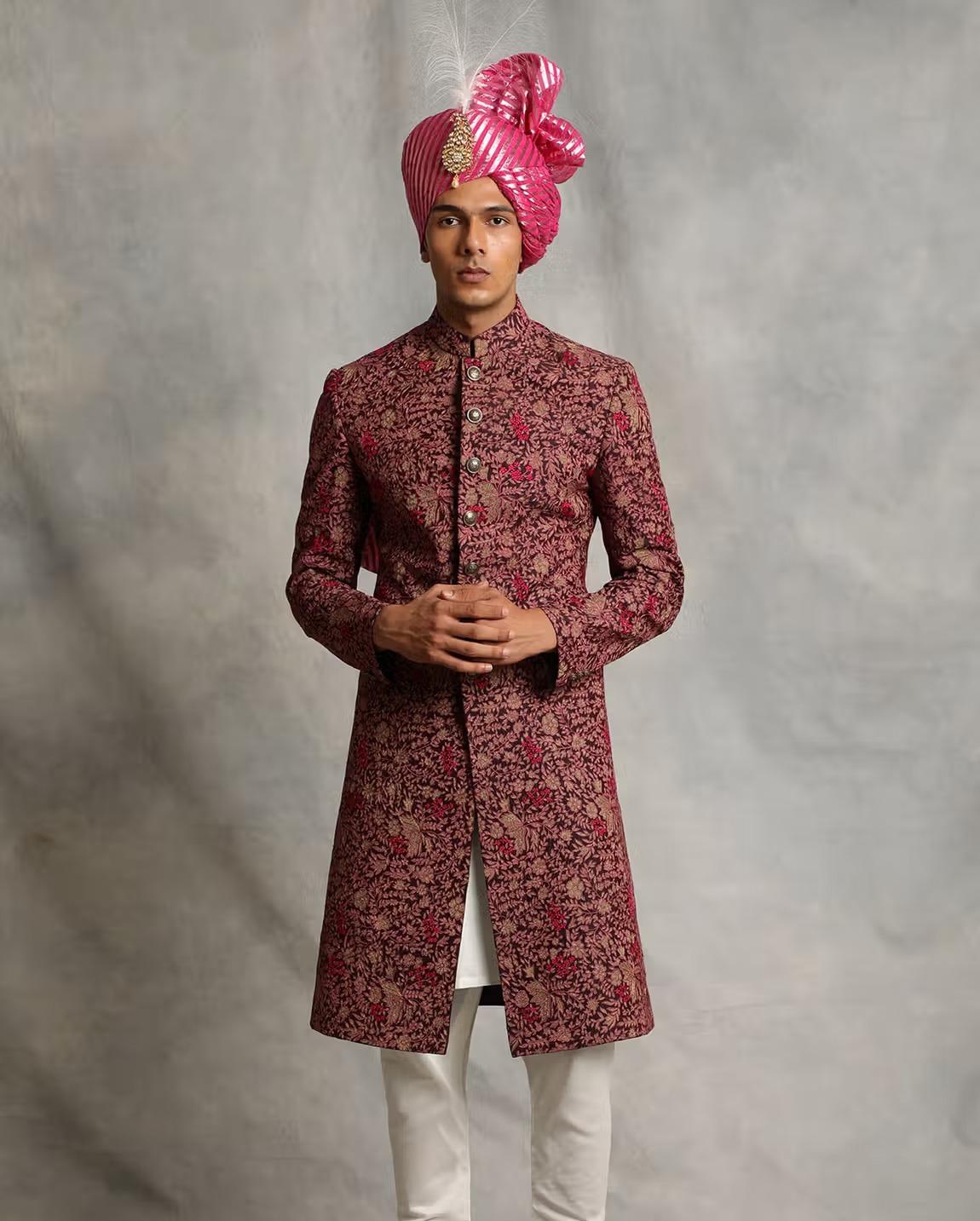 Maroon Poly Silk Floral Embroidered Sherwani Set