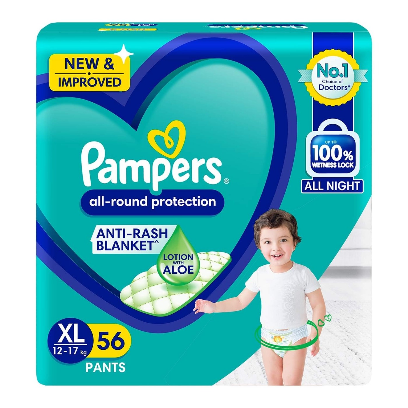 Pampers All round Protection Pants Style Baby Diapers, X-Large (XL) Size, 56 Count, Anti Rash Blanket, Lotion with Aloe Vera, 12-17kg Diapers - X-Large, 56