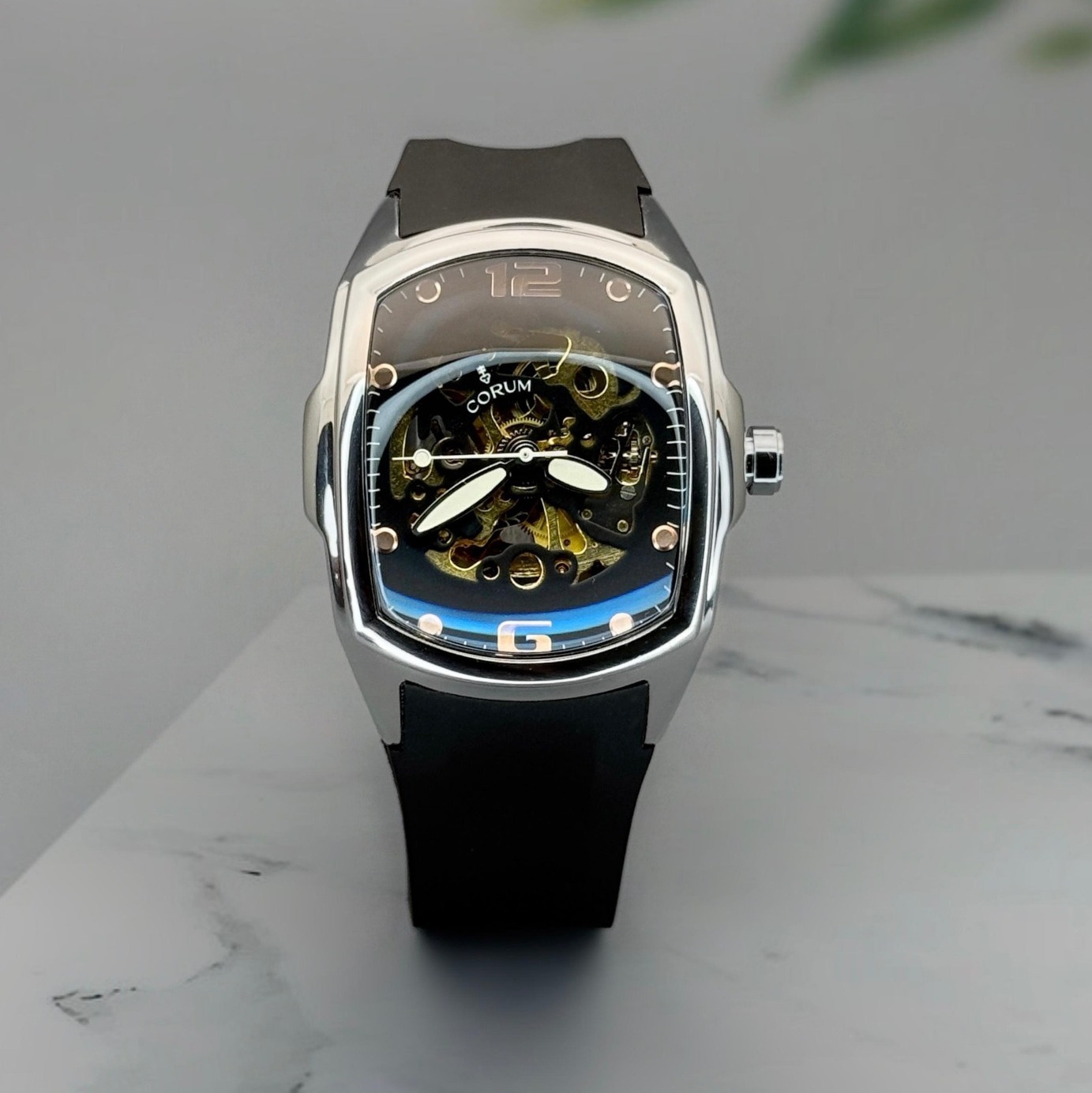 Corum Men’s Automatic Watch with Open Back - Black Dial, Rubber Band