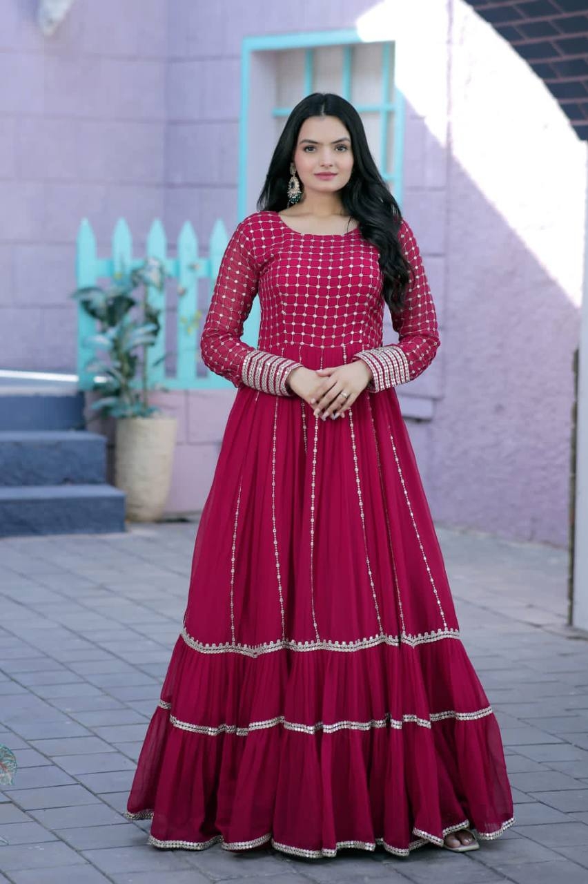 Antique Fashion  Faux Blooming gown with Sequins Multi Silver jari Embroidered Work  It looks graceful for women  it Designed to flatter all body types gowns for women combine the best parts of western and Indian wear into one stunning ensemble  - S (36), wine